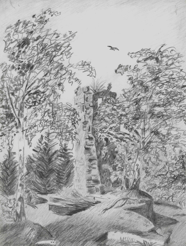Zeichnung im Mittelpunkt eine Steinruine umgeben von Birken